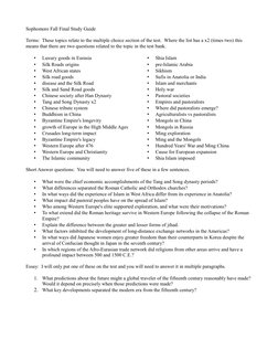 Sophomore Fall Final Study Guide
Terms:  These topics relate to the multiple choice section of the test.  Where the list has