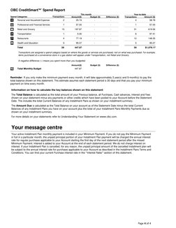 Page 4 of 4
CIBC CreditSmartTM* Spend Report
This month
Year-to-date
Spend Categories
Transactions
Amount($)
Budget ($)
Diffe