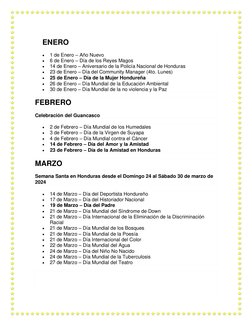 ENERO 
• 
1 de Enero – Año Nuevo 
• 
6 de Enero – Día de los Reyes Magos 
• 
14 de Enero – Aniversario de la Policía Nacion