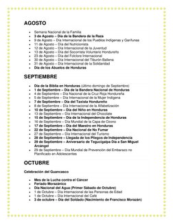 AGOSTO 
• 
Semana Nacional de la Familia 
• 
3 de Agosto – Día de la Bandera de la Raza 
• 
9 de Agosto – Día Internacional d