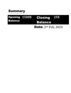 Summary 
Opening 
Balance 
1500$ 
Closing 
Balance 
25$ 
Date; 2nd Feb, 2024 
