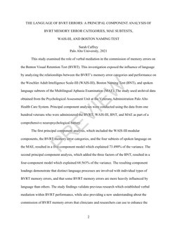2 
THE LANGUAGE OF BVRT ERRORS: A PRINCIPAL COMPONENT ANALYSIS OF 
BVRT MEMORY ERROR CATEGORIES, MAE SUBTESTS,  
WAIS-III,