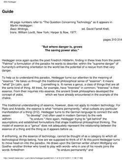 400v:heidegger
Guide
 
All page numbers refer to "The Question Concerning Technology" as it appears in 
Martin Heidegger: 
Ba