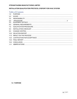 STEDAM PHARMA MANUFACTURING LIMITED
INSTALLATION QUALIFICATION PROTOCOL $ REPORT FOR HVAC SYSYEM  
Table of Contents
1.0
PURP