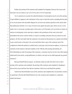 1
2
3
4
5
6
7
8
9
10
11
12
13
14
15
16
17
18
19
20
21
22
23
24
25
26
27
28
Further, the posting of the summons and complaint