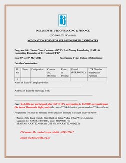 INDIAN INSTITUTE OF BANKING & FINANCE 
(ISO 9001:2015 Certified) 
NOMINATION FORM FOR SELF-SPONSORED CANDIDATES 
 
 
Prog