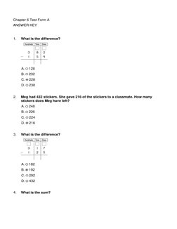 Chapter 6 Test Form A
ANSWER KEY
1.
What is the difference?
A.  128 
B.  232 
C.  228
D.  238 
2.
Meg had 432 stickers. She g