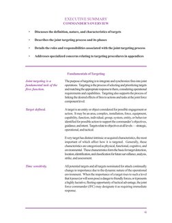 EXECUTIVE SUMMARY
COMMANDER’S OVERVIEW
vii
Joint targeting is a
fundamental task of the
fires function.
Target defined.
Time