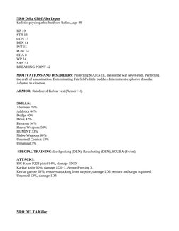 NRO Delta Chief Alex Lepus
Sadistic-psychopathic hardcore badass, age 48 
HP 19 
STR 13 
CON 15 
DEX 14 
INT 15 
POW 14 
CHA