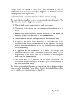 Page 9 of 14 
Design teams are formed to study focus areas identified by the site 
leadership team. It is essential to inte