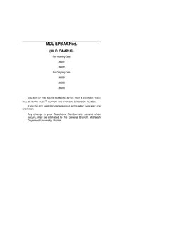 MDU EPBAX Nos.
(OLD CAMPUS)
For Incoming Calls
266051
266052
For Outgoing Calls
266054
266055
266056
DIAL ANY OF THE ABOVE NU