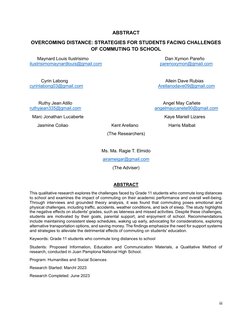 iii 
 
ABSTRACT 
OVERCOMING DISTANCE: STRATEGIES FOR STUDENTS FACING CHALLENGES 
OF COMMUTING TO SCHOOL 
      Maynard Louis