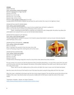 4 
 
CROWN  
INNER PORTION 
(Yarn: red & yellow, medium #4 weight) 
Round 1: (red yarn) 6 sc magic loop (6) 
Round 2: 6 inc (