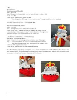 5 
 
CAPE 
BOTTOM LAYER  
(Yarn: red, medium #4 weight) 
Row 1: ch 34 (34)  
Rows 2-8: starting in the second ch from the hoo