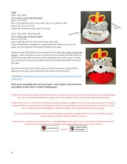 6 
 
CAPE 
CAPE: TOP LAYER 
(Yarn: white, super bulky #6 weight)  
Row 1: ch 19 (19)  
Row 2: starting with 2nd ch from hook,