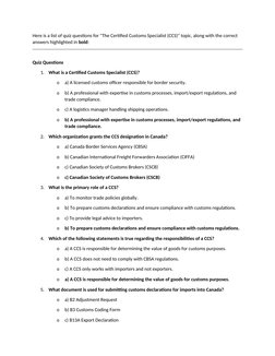 CCS Exam Quiz Questions and Answers | PDF | Customs | Business