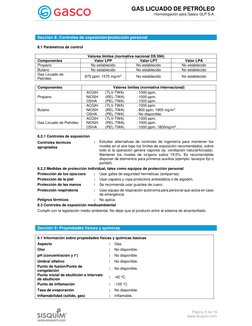 GAS LICUADO DE PETRÓLEO 
Homologación para Gasco GLP S.A. 
 
 
 
 
 
Página 5 de 10 
www.sisquim.com 
 
 
8.1 Parámetros de