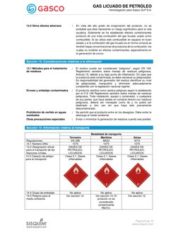 GAS LICUADO DE PETRÓLEO 
Homologación para Gasco GLP S.A. 
 
 
 
 
 
Página 8 de 10 
www.sisquim.com 
 
12.5 Otros efectos