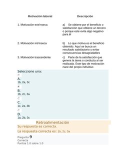 Motivación laboral
Descripción
 
1. Motivación extrínseca
a)    Se obtiene por el beneficio o 
satisfacción que obtiene un te