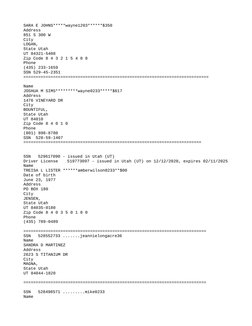 SARA E JOHNS*****wayne1203******$350
Address
851 S 300 W
City
LOGAN,
State Utah
UT 84321-5408
Zip Code 8 4 3 2 1 5 4 0 8
Phon