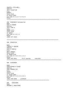 SHANTELL STILLWELL
Address
492 E JULEP DR
City
MURRAY,
State Utah
UT 84107-3925
Zip Code 8 4 1 0 7 3 9 2 5
Phone
============