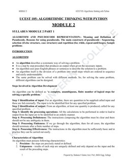 KMEA ENGINEERING COLLEGE
MODULE 2
UCEST105: Algorithmic thinking with Python
UCEST 105: ALGORITHMIC THINKING WITH PYTHON
MODU