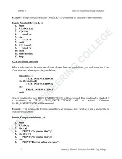 KMEA ENGINEERING COLLEGE
MODULE 2
UCEST105: Algorithmic thinking with Python
Example:- The pseudocode SmallestThree(a, b, c)