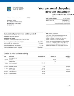 ?
Royal฀Bank฀of฀Canada฀
P.O.฀Box฀4047฀Terminal฀A
Toronto,฀ON฀฀M5W฀1L5
Your฀personal฀chequing฀
account฀statement
From฀March฀12