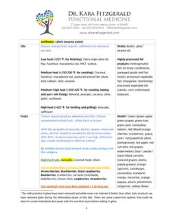 sunflower, tahini (sesame paste). 
Oils 
Choose cold-pressed, organic, unfiltered oils whenever 
possible.
Low heat (<225 °F,
