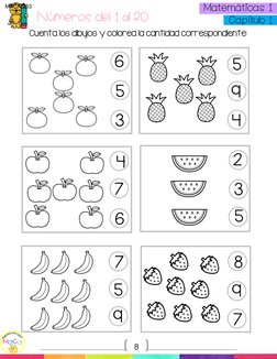 8 
  
MaCa 
 Matemáticas 1  
 Capítulo 1  
Números del 1 al 20 
Cuenta los dibujos y colorea la cantidad correspondient