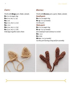 6
Deer Bambi
Ears:
Work with Beige yarn. Make 2 details. 
R1: 6 sc in magic ring 
R2: (1 sc, inc) х 3  (9) 
R3:  9 sc 
R4: (2