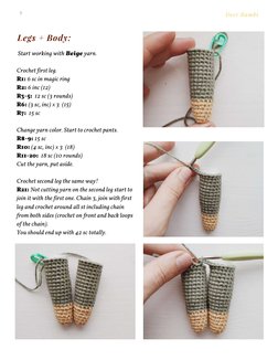 7
Deer Bambi
Legs + Body:
 Start working with Beige yarn. 
Crochet first leg. 
R1: 6 sc in magic ring 
R2: 6 inc (12) 
R3-5: 