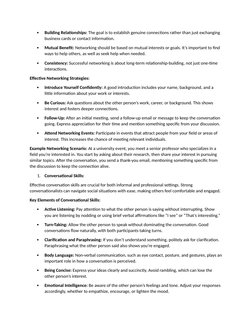 
Building Relationships: The goal is to establish genuine connections rather than just exchanging 
business cards or contact