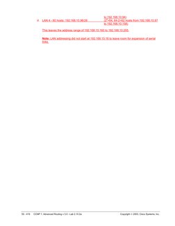 55 - 419 
CCNP 1: Advanced Routing v 3.0 - Lab 2.10.2a 
Copyright  2003, Cisco Systems, Inc. 
to 192.168.10.94) 
d. LAN 4 -