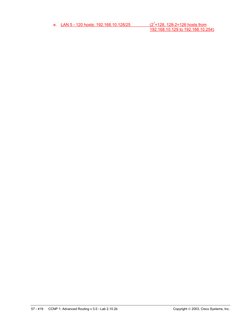 57 - 419 
CCNP 1: Advanced Routing v 3.0 - Lab 2.10.2b 
Copyright  2003, Cisco Systems, Inc. 
e. LAN 5 - 120 hosts: 192.168.