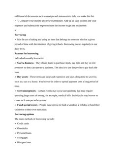 old financial documents such as receipts and statements to help you make this list.
✓ 4. Compare your income and your expendi