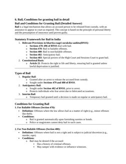 6. Bail, Conditions for granting bail in detail
Bail and Conditions for Granting Bail (Detailed Answer)
Bail is a legal mecha