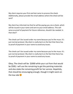 My client requires your first and last name to process the check. 
Additionally, please provide the email address where the