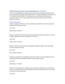 IGCSE Computer Science: Focused Questions on 7.4 and 7.5
This document highlights five highly targeted questions from Cambrid