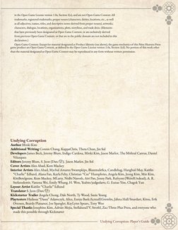 3
Undying Corruption: Player’s Guide
in the Open Game License version 1.0a, Section 1(e), and are not Open Game Content: All