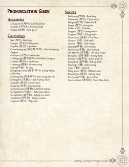 5
Undying Corruption: Player’s Guide
Pronunciation Guide
Ancestries
Dokkaebi (도깨비) - Doh-kkeh-bee
Gumiho (구미호) - Goomee-hoh
S