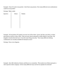 Example:  I have 25 cents in my pocket.  I don’t have any pennies.  How many different coin combinations 
could be in my po