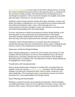 Interior design drafting is a crucial aspect of the interior design process, involving 
the creation of detailed and precise