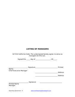 LISTING OF MANAGERS
§17154 California Code, The undersigned hereby agree, to serve as 
managers for this LLC. 
Signed this __