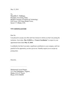 May 15, 2010
To, 
Muzaffar U. Siddique, 
President, Governing  Body, 
BGMEA Institute of Fashion & Technology, 
S.R Tower, 10