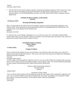 Garima
 (Secretary, Sports Club)
7
The Arts Club of your school is going to organize a drawing and painting competition. Wri