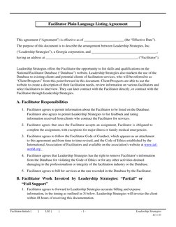 Facilitator Plain Language Listing Agreement
This agreement (“Agreement”) is effective as of _______________________ (the “Ef
