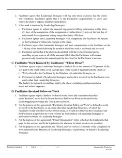 2. Facilitator agrees that Leadership Strategies will pay only those expenses that the client 
will reimburse. Facilitator ag