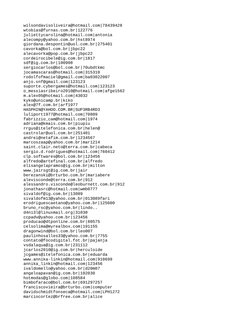 wilsondavisoliveira@hotmail.com|78439428
wtobias@furnas.com.br|122776
juliettycarolina@hotmail.com|antonia
alecompy@yahoo.com