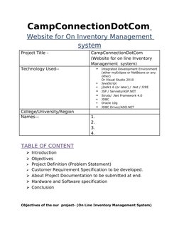 CampConnectionDotCom 
Website for On Inventory Management 
system
Project Title –
CampConnectionDotCom 
(Website for on line